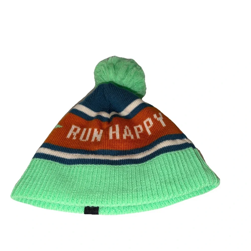 Brooks Run Happy Heritage Pom Pom Beanie DK Ocean Unisex Running Apparel Hat